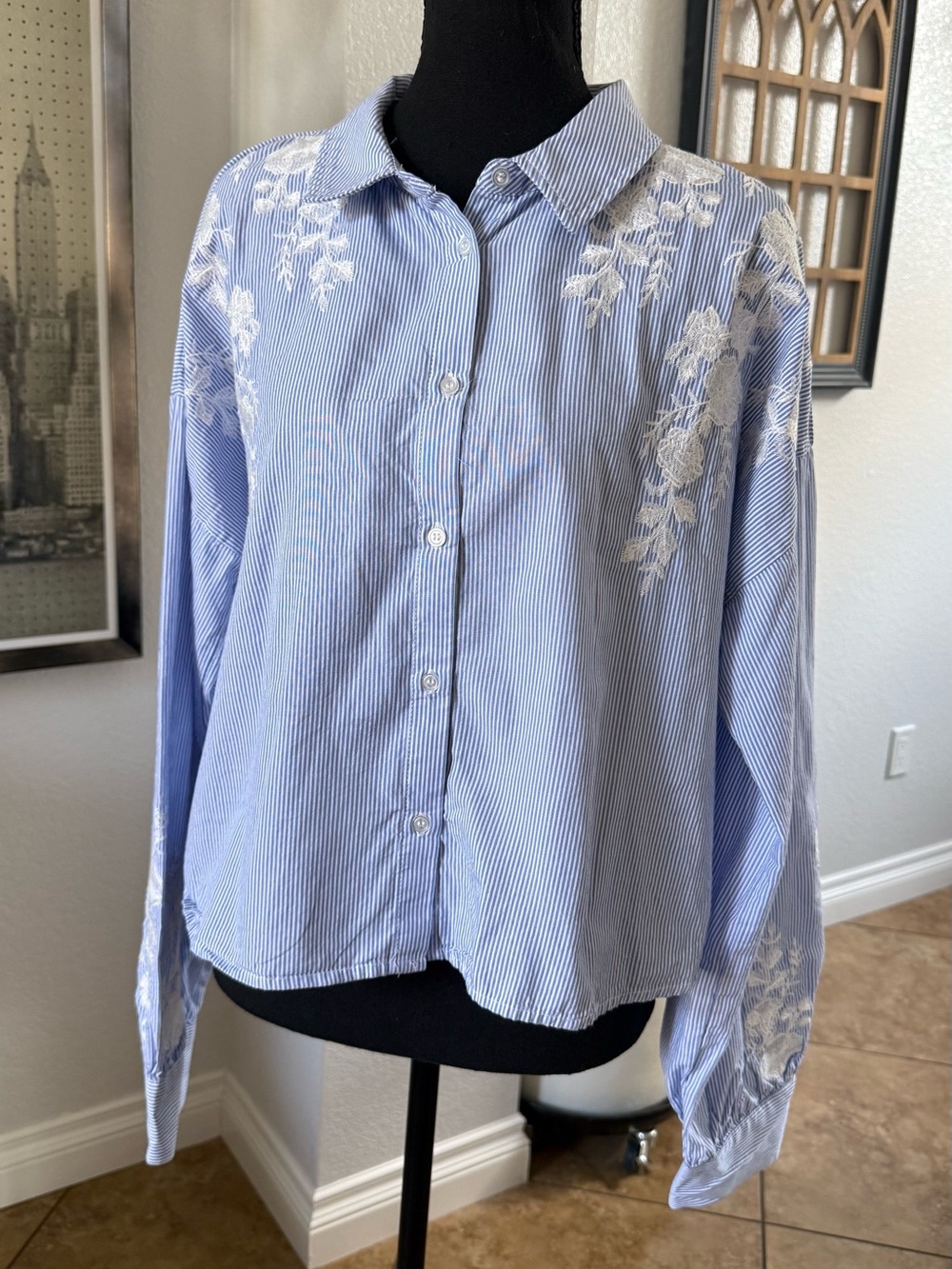 Christian Lacroix Blue Stripe Button-Down Top with White Floral Embroidery